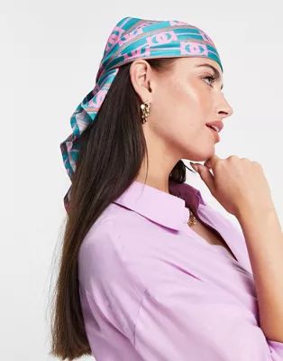ASOS DESIGN polysatin medium headscarf in green and pink chain print | ASOS (Global)