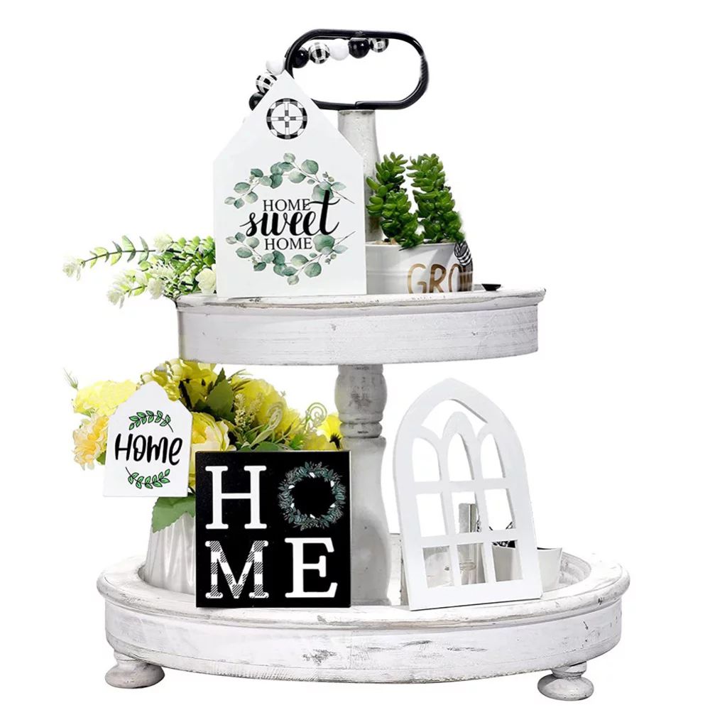 4 Pieces Tiered Tray Decor Farmhouse Rustic Wood Signs Spring Summer Decorations for Home Kitchen... | Walmart (US)