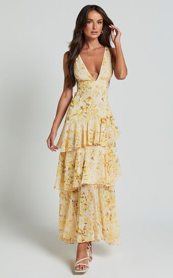 Beryl Midi Dress - Deep V Neck Sleeveless Layered Dress in Yellow Floral | Showpo (US, UK & Europe)