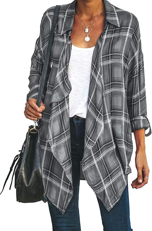 ROSKIKI Womens Plaid Printed Irregular Open Front Cardigan Waterfall Blouse Tunic | Amazon (US)