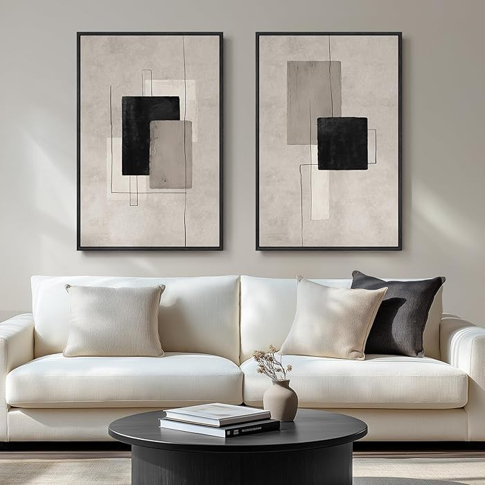 Large Framed Neutral Abstract Wall Art for Living Room, Set of 2 Black and Beige Modern Canvas Pr... | Amazon (US)