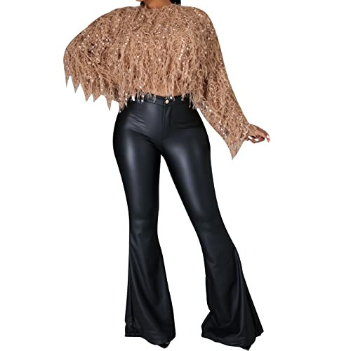 Black Flare Pants, Women's Faux Leather Bell Botom Pants High Waist Stretchy Leggings Wide Leg Trousers Black XL | Amazon (US)