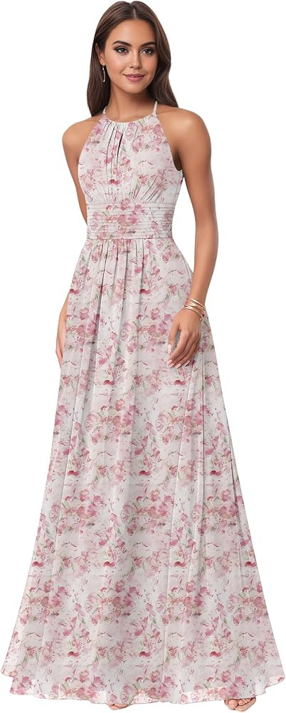 Halter Chiffon Bridesmaid Dresses for Women Sleeveless A Line Long Formal Evening Gowns | Amazon (US)