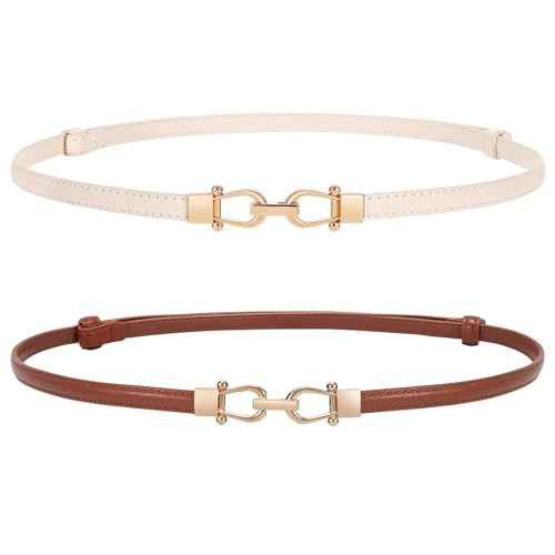 WERFORU 2 Pack Women Skinny Belt for Dress,Thin Waist Belt - Adjustable Leather Belt with Gold Buckle, Brown+Beige, Fit Waist Size below 37 Inches | Amazon (US)