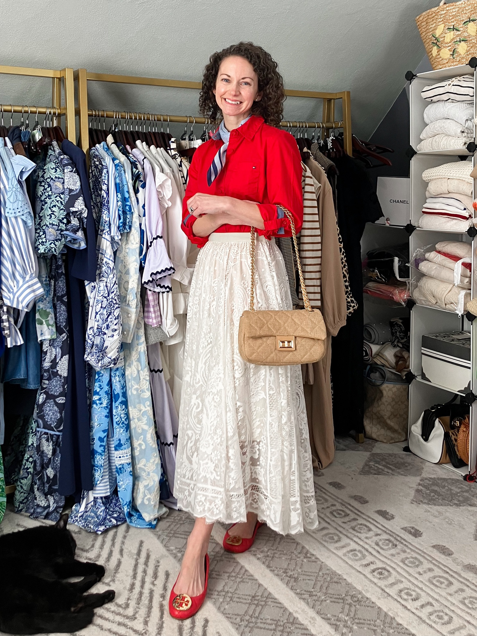 A classic red and white outfit for spring!
Red button down from Tommy Himfiger is old, linking similar. 
White lace skirt from Amazon. 
Diamond stud earrings from Amazon. 
Blue silk scarf is old from Coach, linking similar. 
Beige and gold quilted handbag from Urban Expressions. 
Red ballet flats are old from Tory Burch, linking similar. 
Eternity ring from Amazon. 
Petite outfit. Classic outfit. Summer outfit. Spring outfit. Modest outfit  

#LTKgrwm #LTKdayinmylife #LTKootd