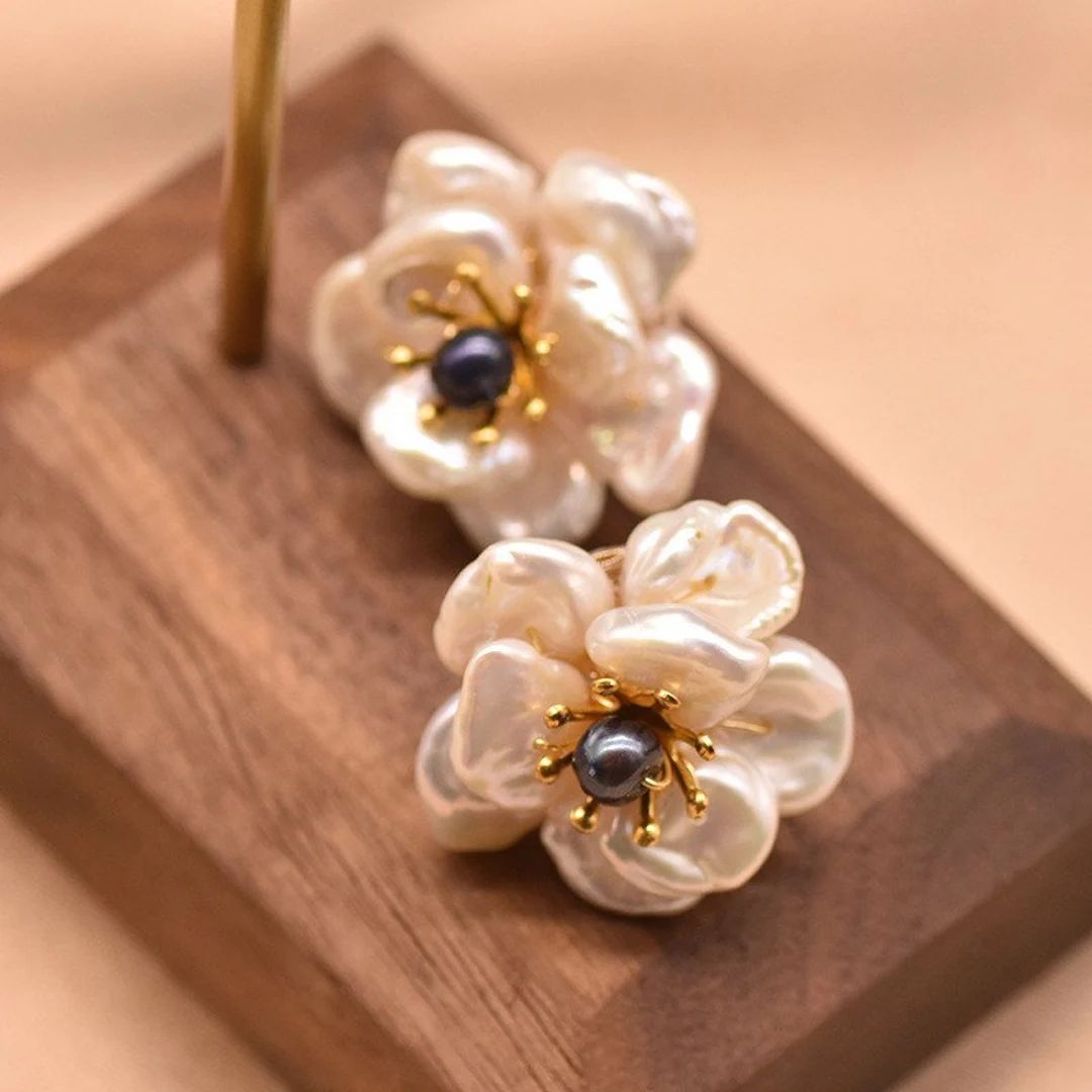 Natural Baroque Pearl Earring 3D Flower Stud Wedding - Etsy | Etsy (US)