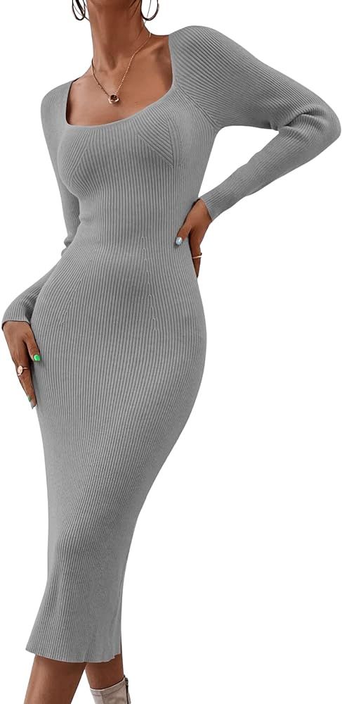 SweatyRocks Women's Square Neck Long Sleeve Ribbed Bodycon Dress Split Back Midi Sweater Dresses | Amazon (US)