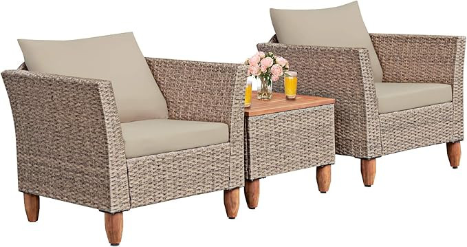 Tangkula 3 Piece Patio Furniture Set, Outdoor Wicker Rattan Bistro Sofa Set w/Washable Cushion, A... | Amazon (US)