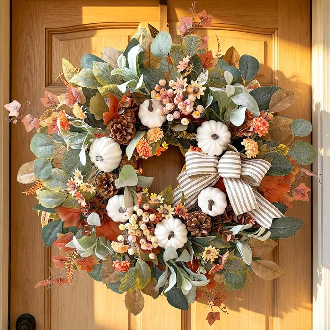 WANNA-CUL 24 Inch Farmhouse Fall Wreath for Front Door with White Pumpkin | Amazon (US)
