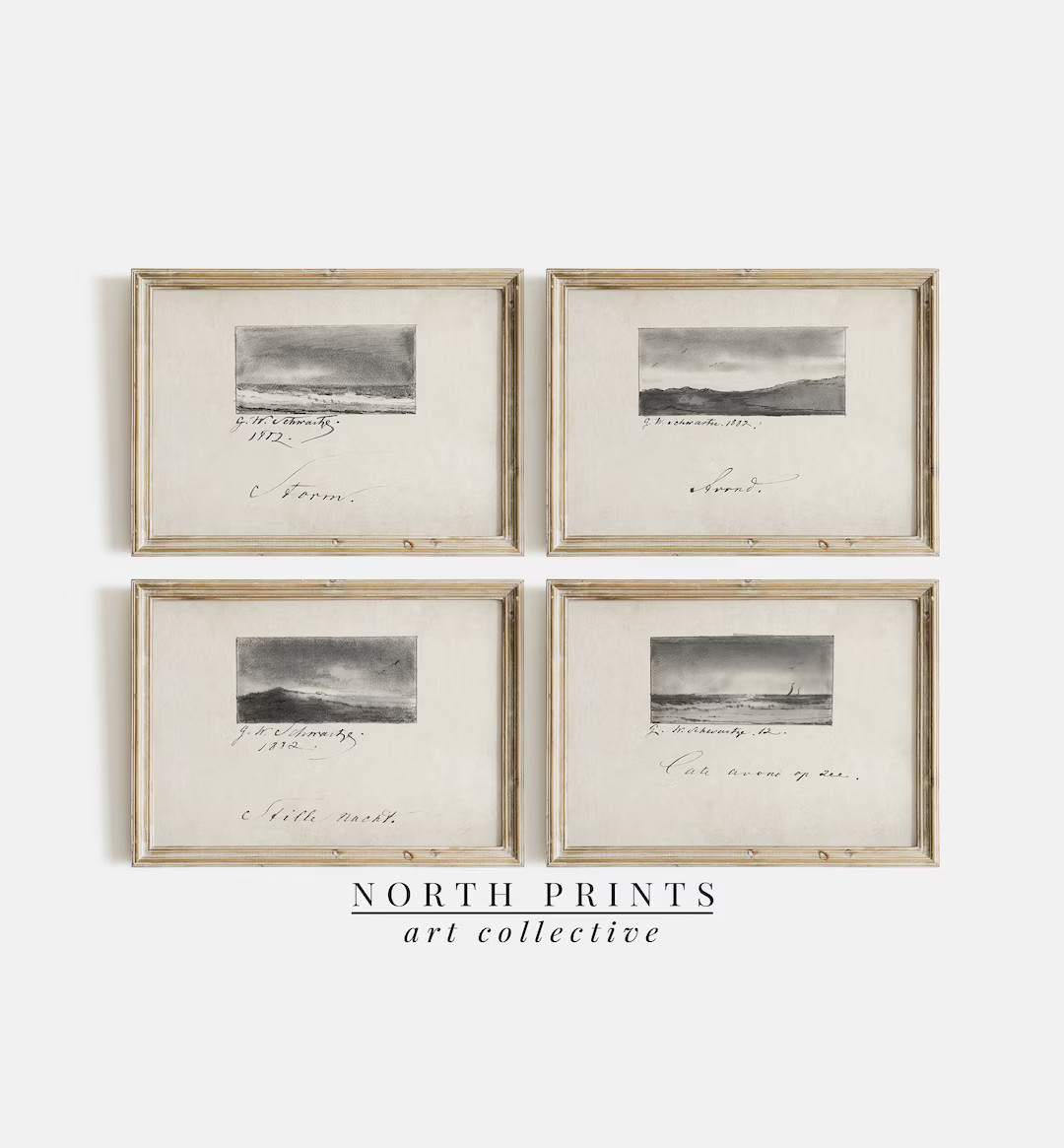 Antique Coastal Sketches Gallery Wall Print Set of FOUR Vintage Unique Neutral Drawings Art North... | Etsy (US)