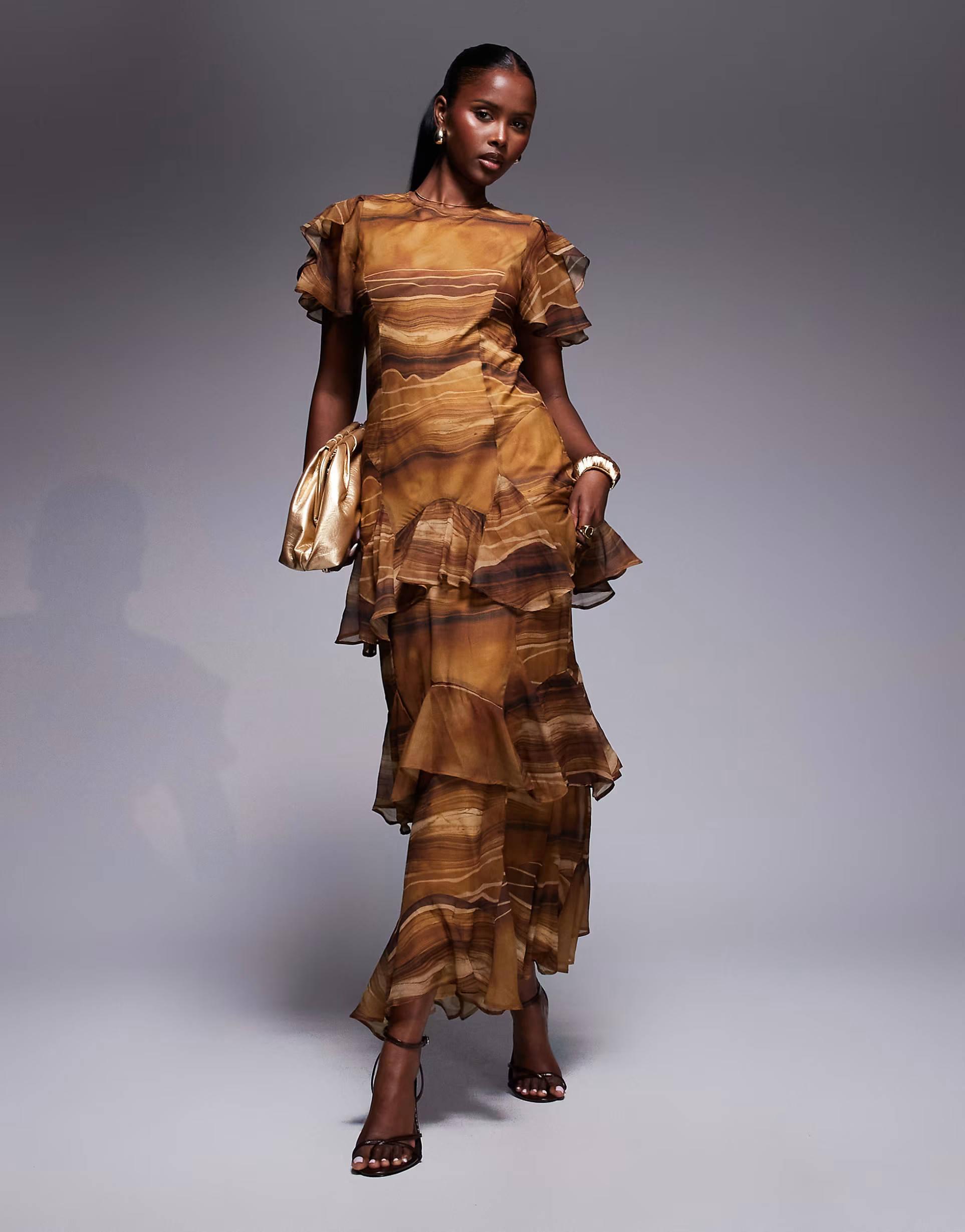 ASOS DESIGN ruffle chiffon maxi dress in chocolate abstract print | ASOS (Global)