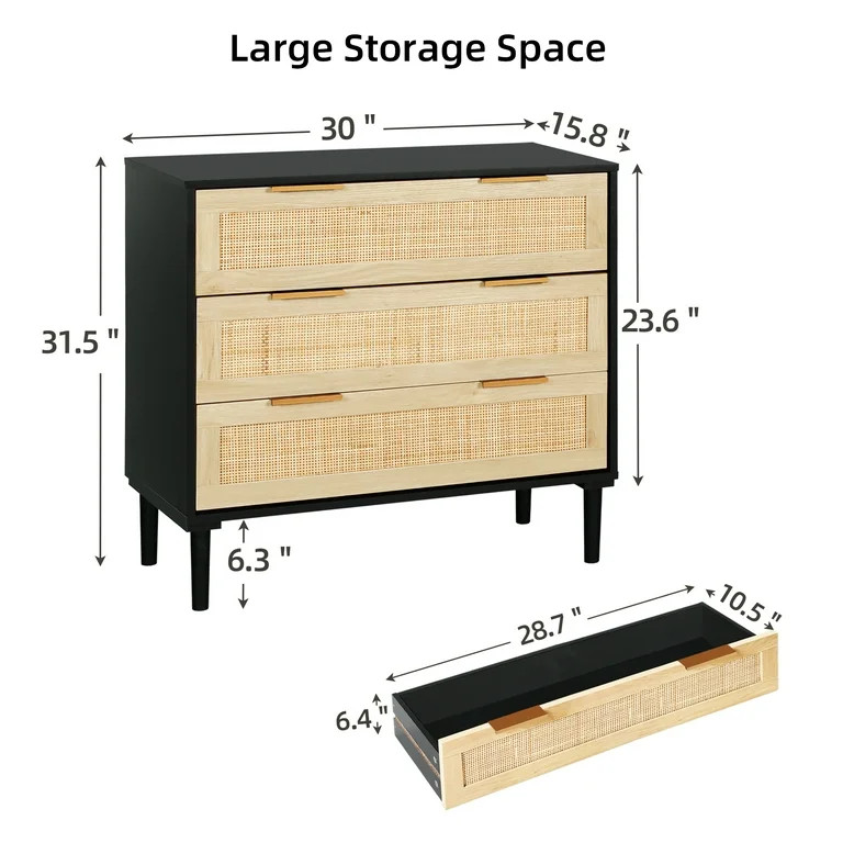 LAZZO 3 Drawer Dresser Rattan Wood Dresser Chest of Drawers Large Storage Cabinet | Walmart (US)