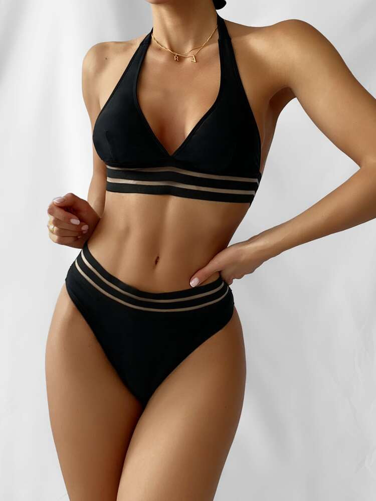 Contrast Mesh Halter Bikini Swimsuit | SHEIN
