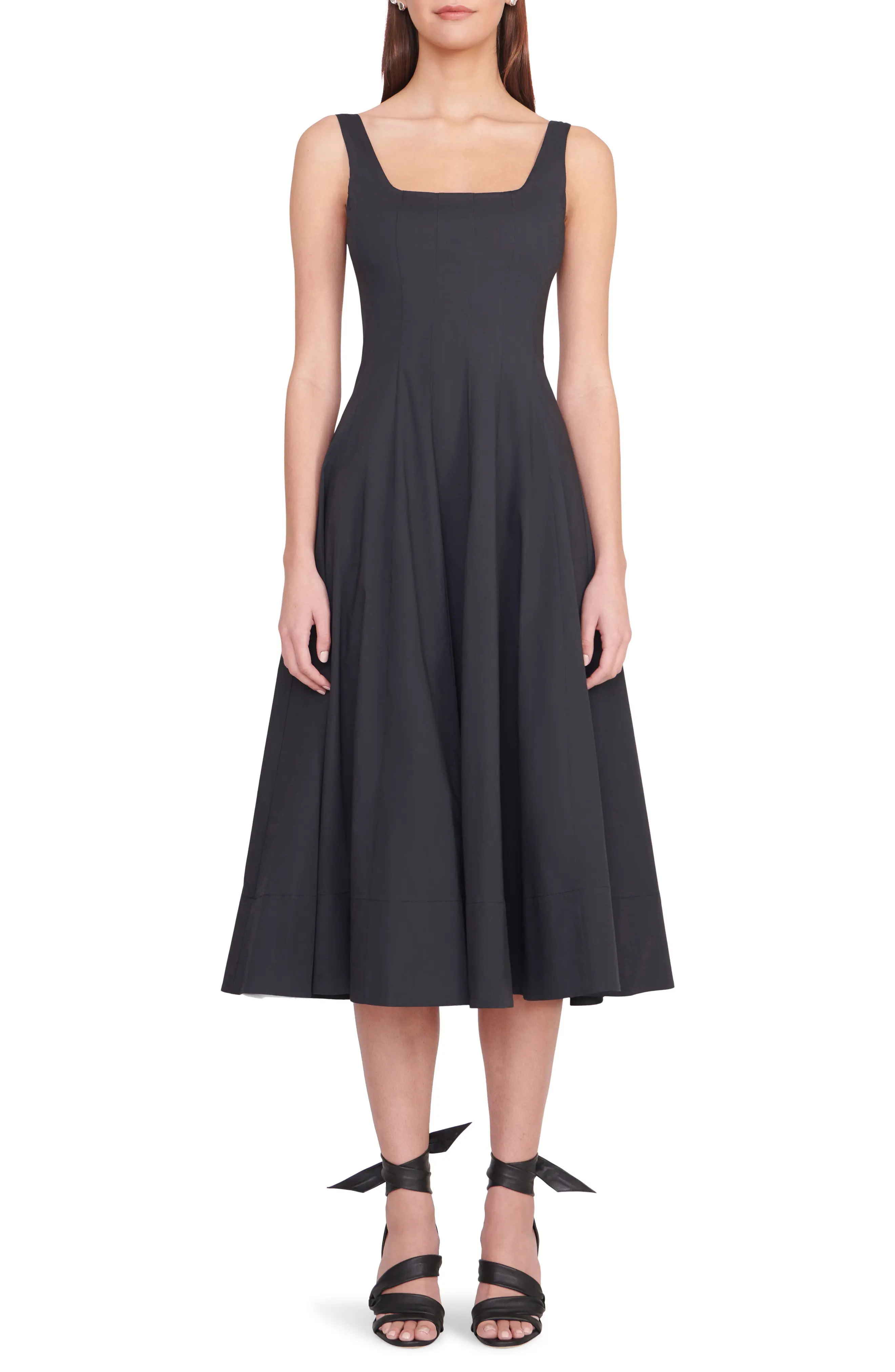 STAUD Wells Stretch Cotton Poplin Midi Fit & Flare Dress in Navy at Nordstrom, Size 8 | Nordstrom