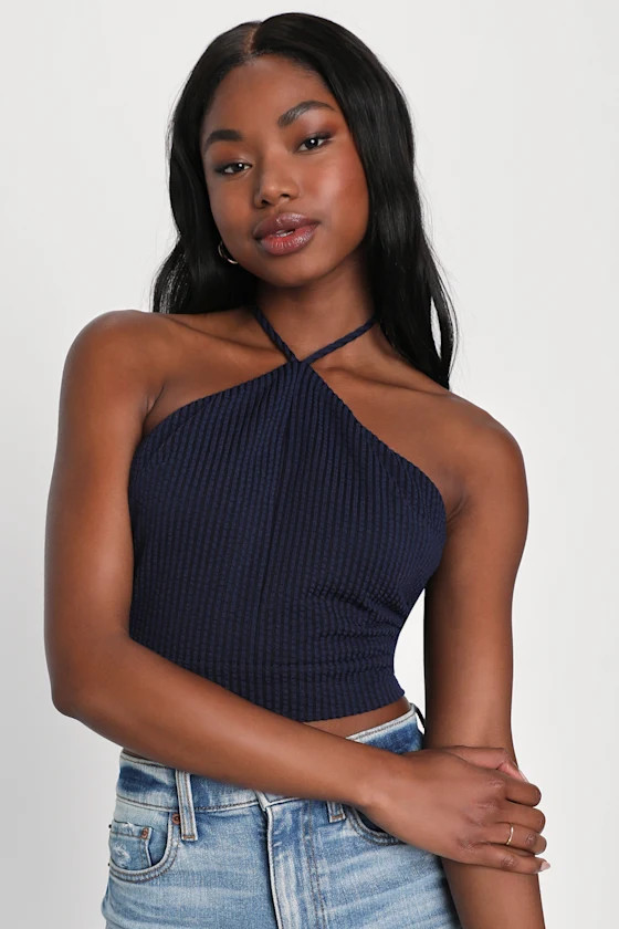 Keep Crushing Navy Blue Waffle Knit Halter Crop Top | Lulus