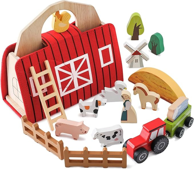 bopoobo Farm Ainmals Barn Toys, Wooden Montessori Stacking for Toddlers Red Barn Toys Little Peop... | Amazon (US)