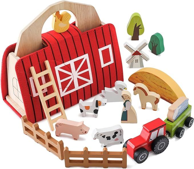 bopoobo Farm Ainmals Barn Toys, Wooden Montessori Stacking for Toddlers Red Barn Toys Little Peop... | Amazon (US)