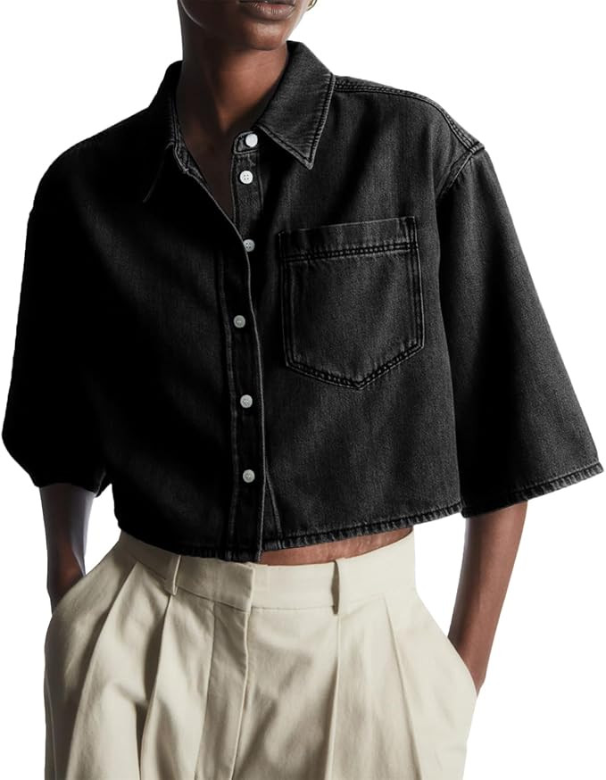 Tankaneo Womens Crop Denim Shirt Half Sleeve Button Down Short Jean Jacket with Pocket | Amazon (US)