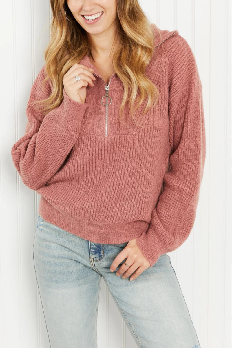 'Dafnie' Full Size Half-Zip Ribbed Sweater | Goodnight Macaroon