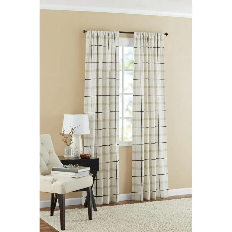 Mainstays Farmhouse Beige Plaid Light Filtering Rod Pocket Panel Pair, 76" x 84" | Walmart (US)