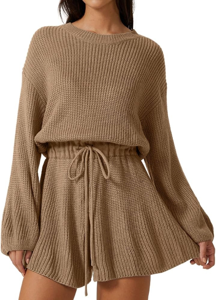 Meyeeka Knit Romper for Women Long Sleeve Wide Leg Sweater Casual Loose Drawstring Short Jumpsuit | Amazon (US)