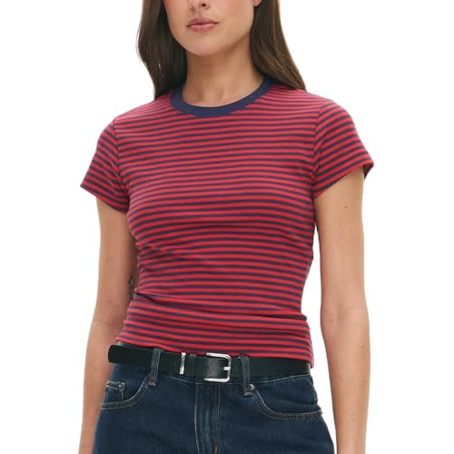 Women Striped Baby Tees Short Sleeve Crew Neck Basic Fitted T Shirt Girls Cute Y2K Preppy Going O... | Amazon (US)