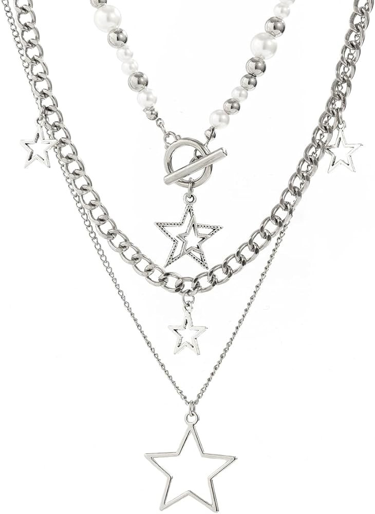 Star Y2k Silver Necklace Grunge Layered Necklace Cute Aesthetic Stack Toggle Chain Necklaces Goth... | Amazon (US)