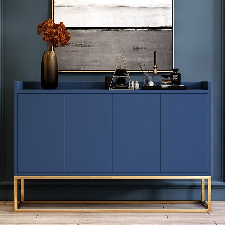 Modern 47" Blue Sideboard Buffet Storage Kitchen Cabinet with 4 Doors in Gold | Homary