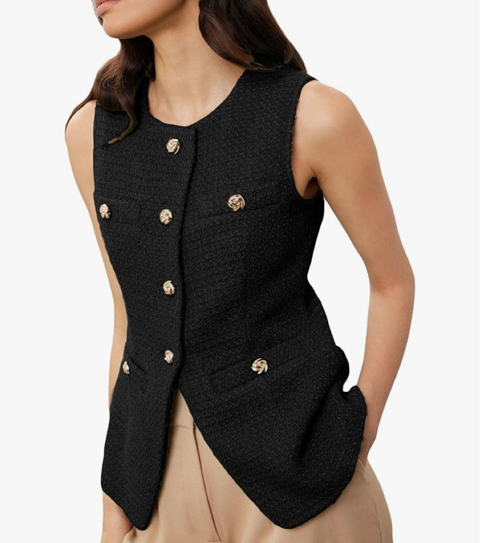Sleeveless tweed vest. Perfect for work or an elevated weekend look. Under $50. Amazon fashion. Classic. Chic  