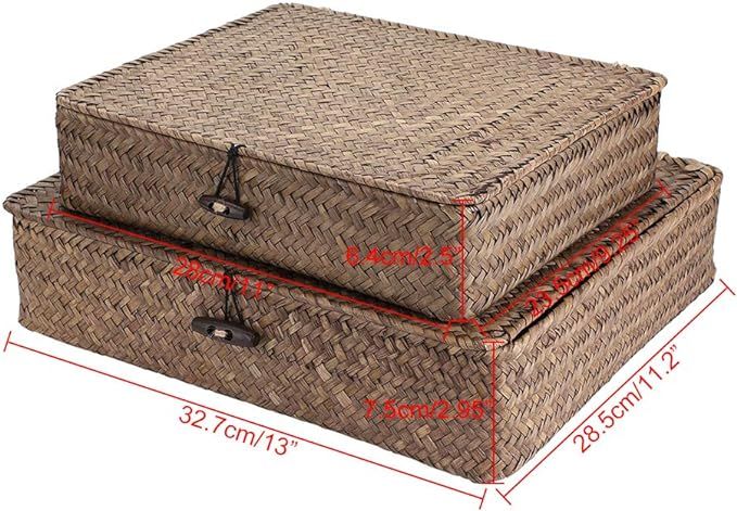 Hipiwe Set of 2 Flat Woven Wicker Storage Bins with Lid Natural Seagrass Basket Boxes Multipurpos... | Amazon (US)