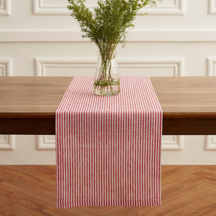 Solino Home Linen Table Runner 120 Inches Long - Narrow Stripe, 100% Pure Linen Red and White Tab... | Amazon (US)