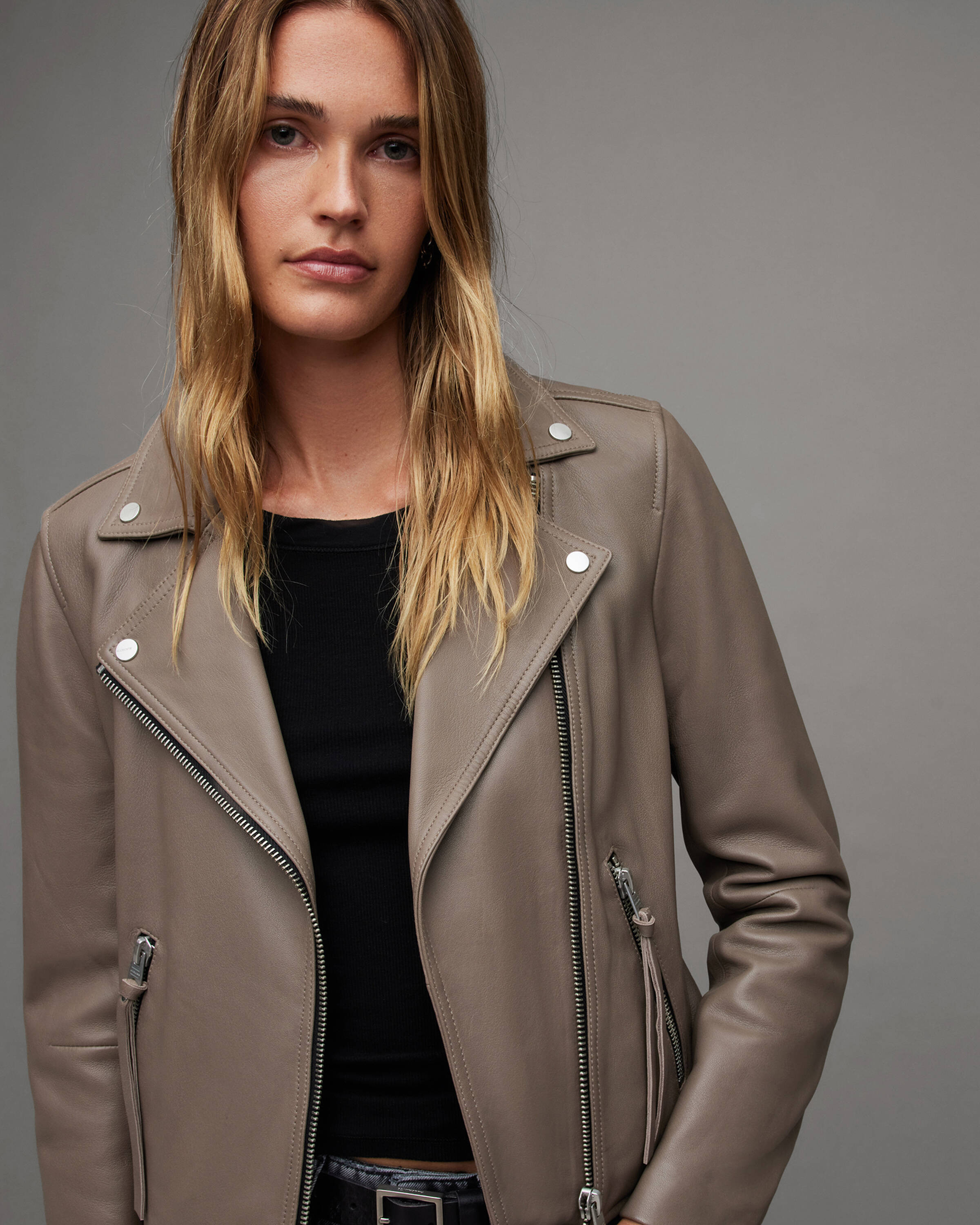 Dalby Slim Fit Leather Biker Jacket Stone Grey | ALLSAINTS US | AllSaints US