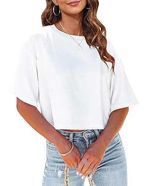 Tankaneo Women Half Sleeve Cropped T-Shirts Drop Shoulder Round Neck Crop Tops Casual Summer Soli... | Amazon (US)