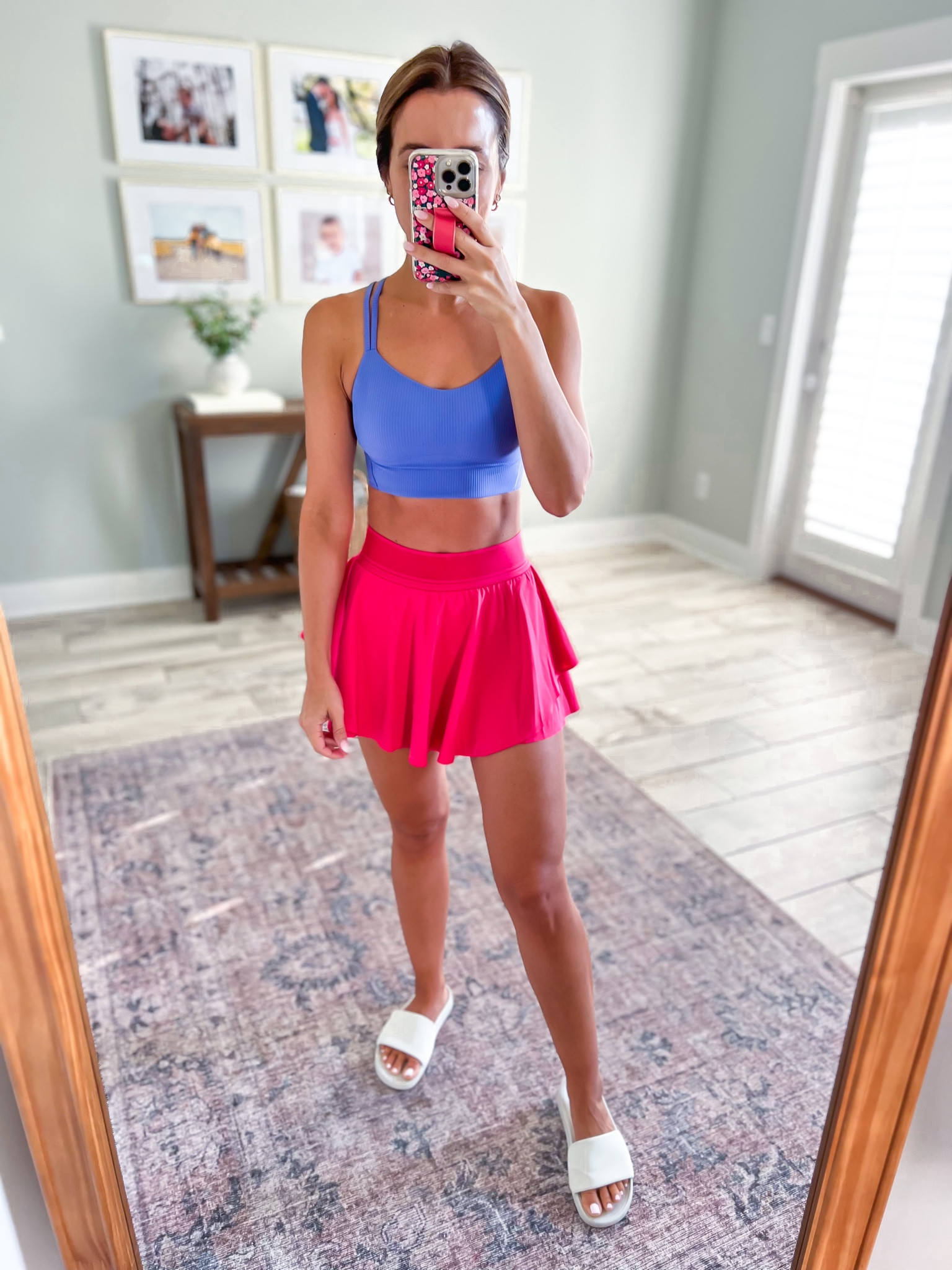 Lululemon court revival skirt (sz 2). Lululemon like a cloud ribbed longline (s 4). Lululemon slide sandals (size up if you are a half size). Tennis skirt. Tennis outfit. Pickleball skirt.