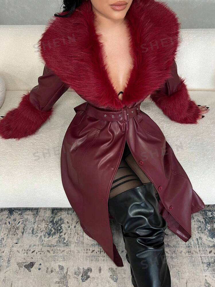 SHEIN SXY Women's Vintage Inspired Fluffy Collar Maroon PU Leather Coat, Street Style | SHEIN