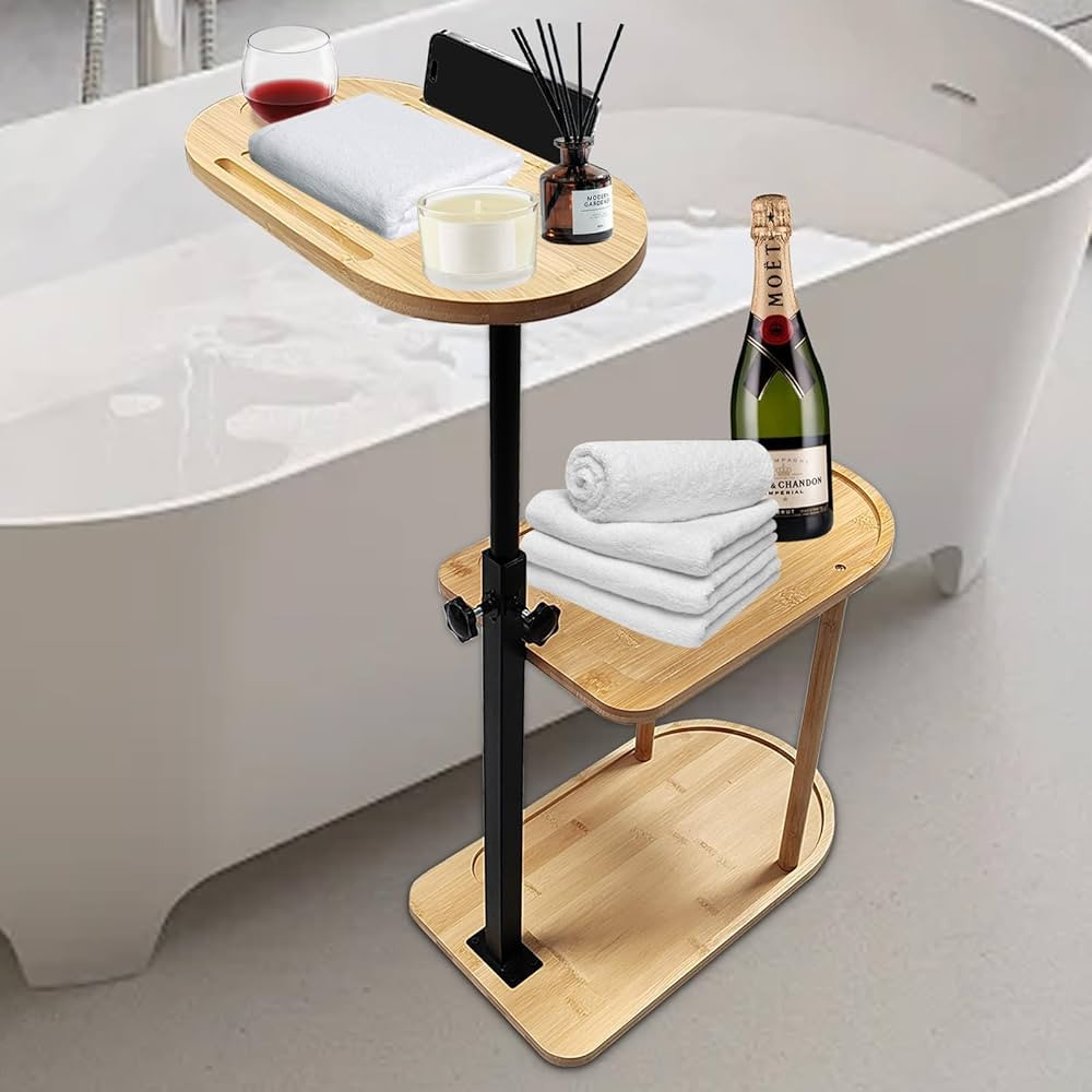 3 Layer Bath Tub Tray Table, Liftable Freestanding Bamboo Bath Tray Caddy for Tub Against Wall, B... | Amazon (US)