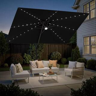 12 ft. x 9 ft. Aluminum Outdoor Cantilever Umbrella with Solar Lights 360° Rotation Large Patio Offset Umbrella in Black | The Home Depot