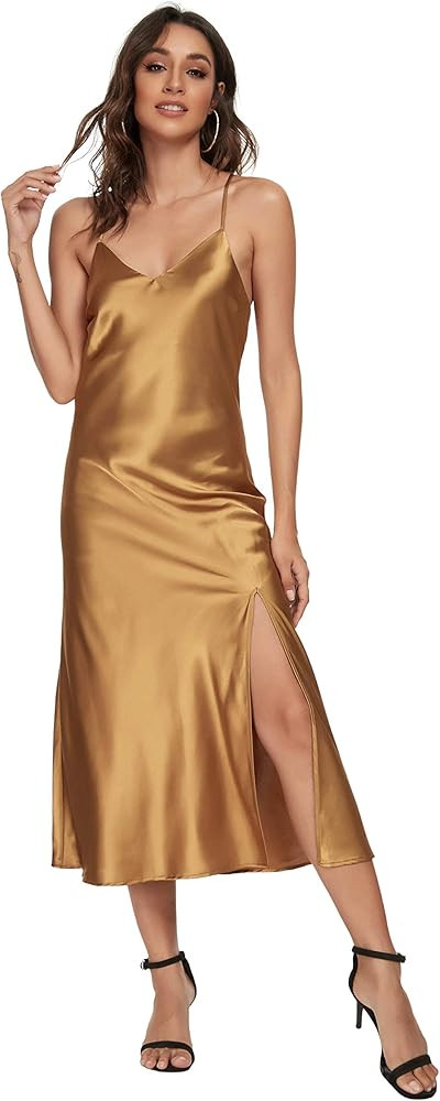 ALCEA ROSEA Women's Sexy Satin Dress Wedding Guest Backless Spaghetti Strap Cocktail Evening Party L | Amazon (US)