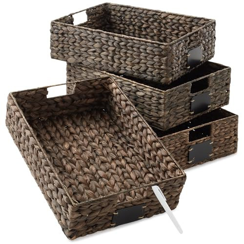 Casafield Set of 4 Water Hyacinth Pantry Baskets, 12-1/2" x 17" x 5", with Chalkboard Labels and Chalk Marker - Espresso, Woven Storage Bin Organizers for Kitchen Shelves | Amazon (US)