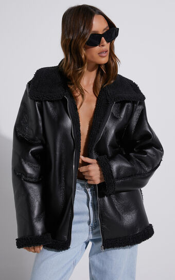 Rheina Jacket - Borg Faux Leather Jacket in Black | Showpo (US, UK & Europe)