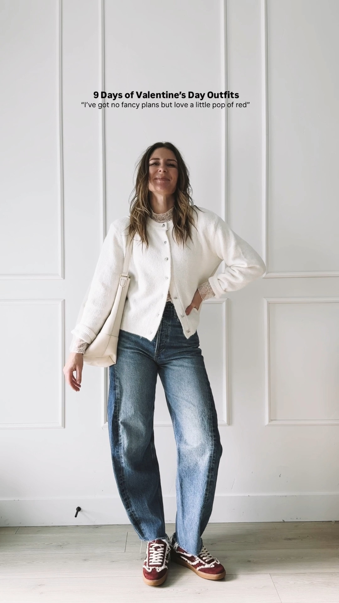Casual Valentine’s Day outfit with a pop of red, cozy neutral cardigan, relaxed straight leg jeans, and everyday sneakers. Easy mom outfit idea, casual Valentine look, wearable everyday style with subtle festive color.

#LTKootd #LTKValentine #LTKgrwm