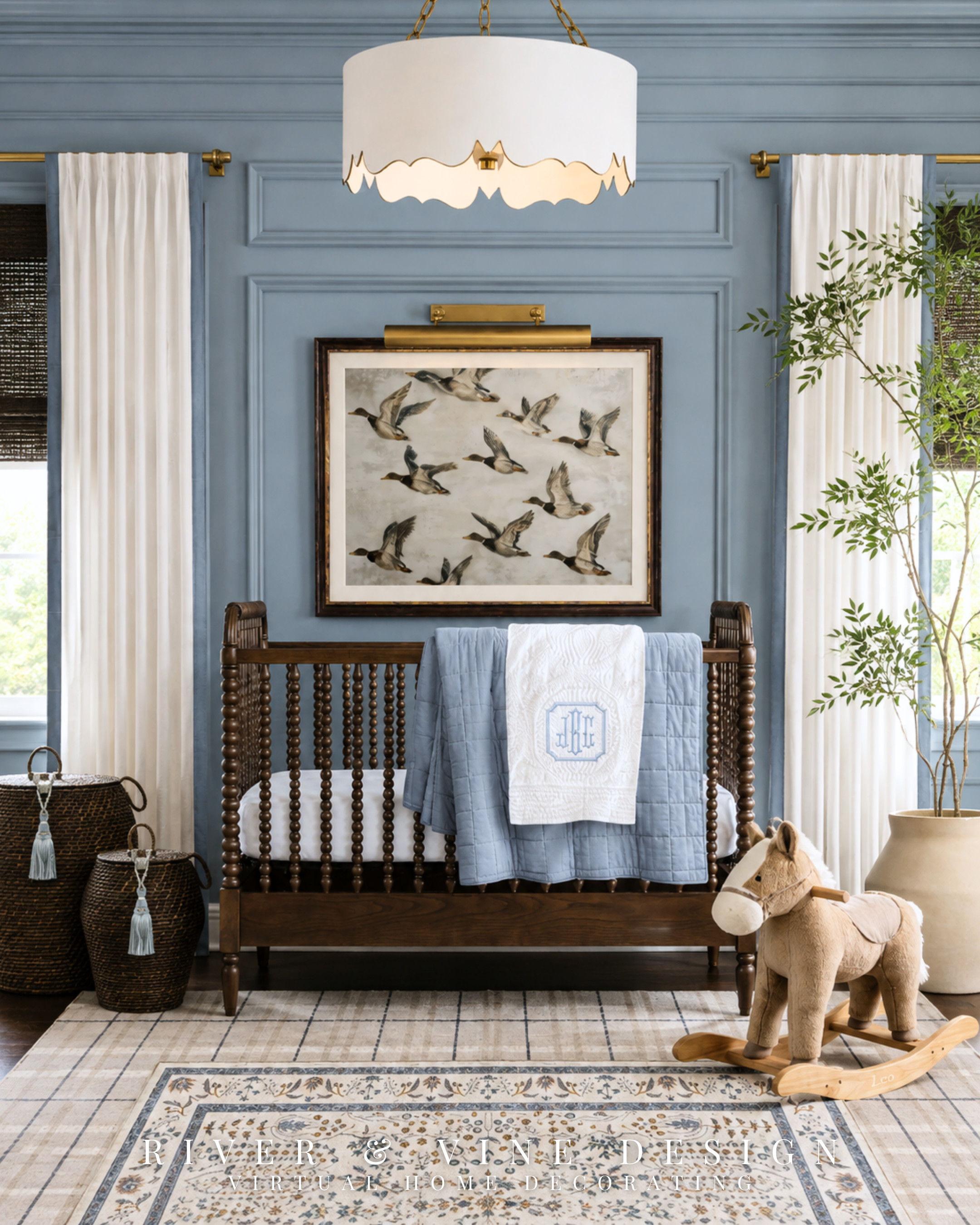 Why does decorating a nursery somehow involve more decisions than decorating the entire house?

For a timeless blue nursery that still feels warm, start with one soft color and repeat it in just a few places—the walls, textiles, and rug details.

The dark wood crib and woven baskets keep the blue from feeling too sweet, while layered rugs and vintage-style bird art create a collected look that can grow beyond the baby stage. Borrow this formula: one quiet color, one warm wood tone, one playful motif, and plenty of creamy white to let everything breathe.

Would the bird art or the scalloped light be your first pick? Tap to see the nursery pieces and recreate the mix.

timeless blue nursery, modern traditional nursery decor, dark wood crib nursery, layered nursery rugs, nursery wall art ideas, blue and brown nursery, classic baby room decor, gender neutral nursery inspiration

I may receive a commission from purchases made through my links.
 

 #LTKHome #LTKBaby #LTKKids