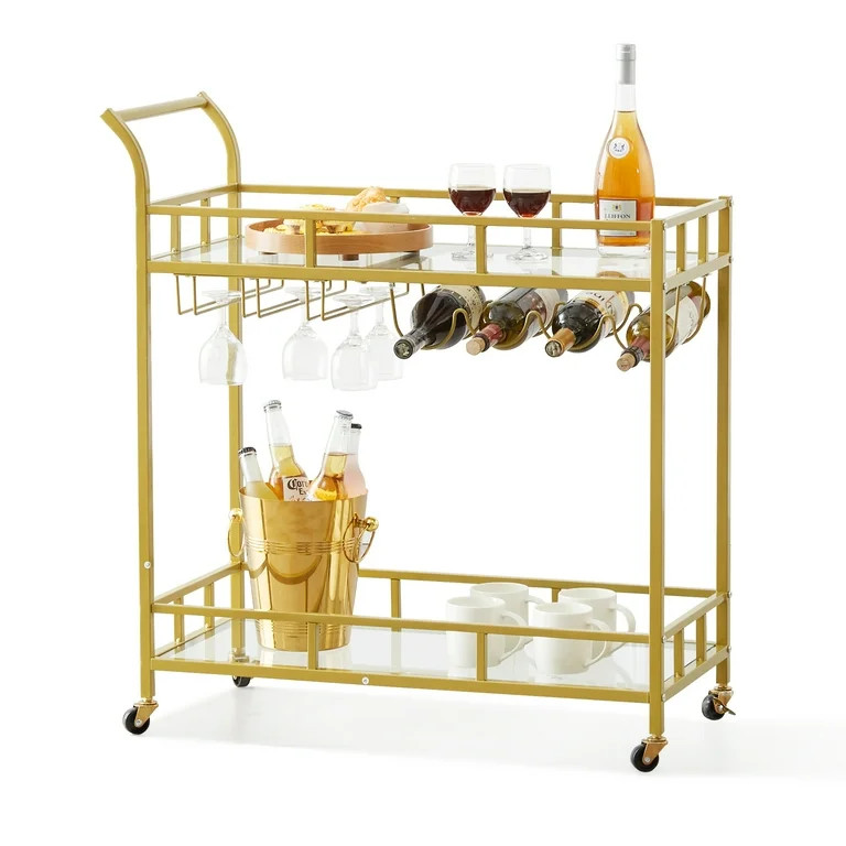 BENTISM 2 Tiers Gold Metal Bar Serving Cart with Wine Rack Glass Holder 120 lbs | Walmart (US)