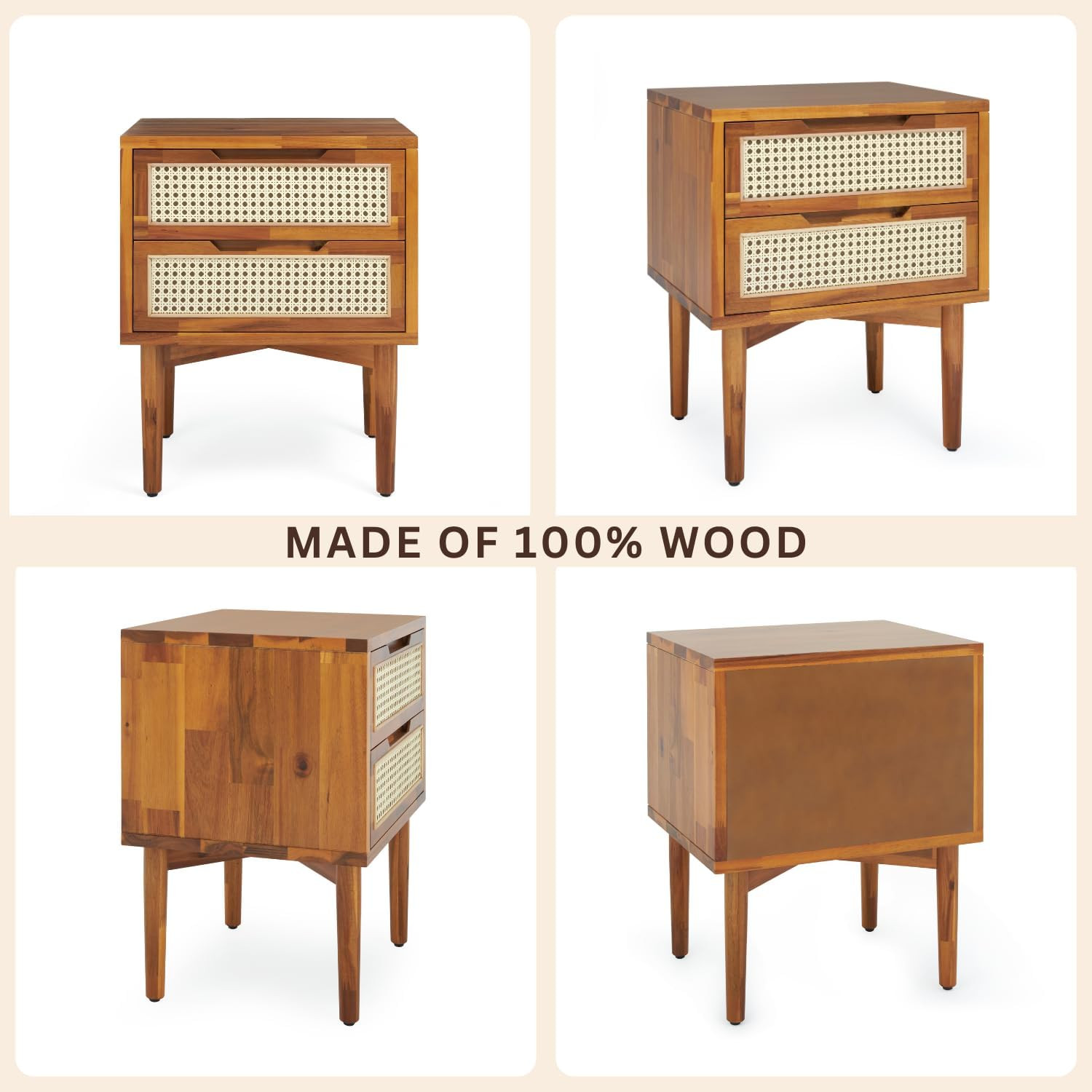 Bme Nightstand Oliver Solid Wood Rattan Side End Table, Fully Assembled, for Bohemian & Mid Centu... | Amazon (US)