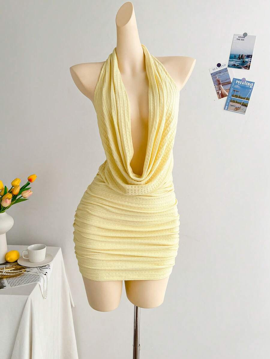 Soleia Women's Vacation Plunge Neck Backless Mini Dress With Ruched Details, Light Yellow,Butter ... | SHEIN