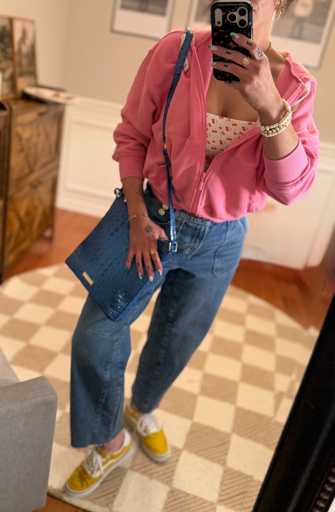 Size small pink jacket, size 2 barrel jeans, XS cherry tank. 5’5” 135ish pounds.

#LTKmomlife #LTKspringtrends #LTKgrwm