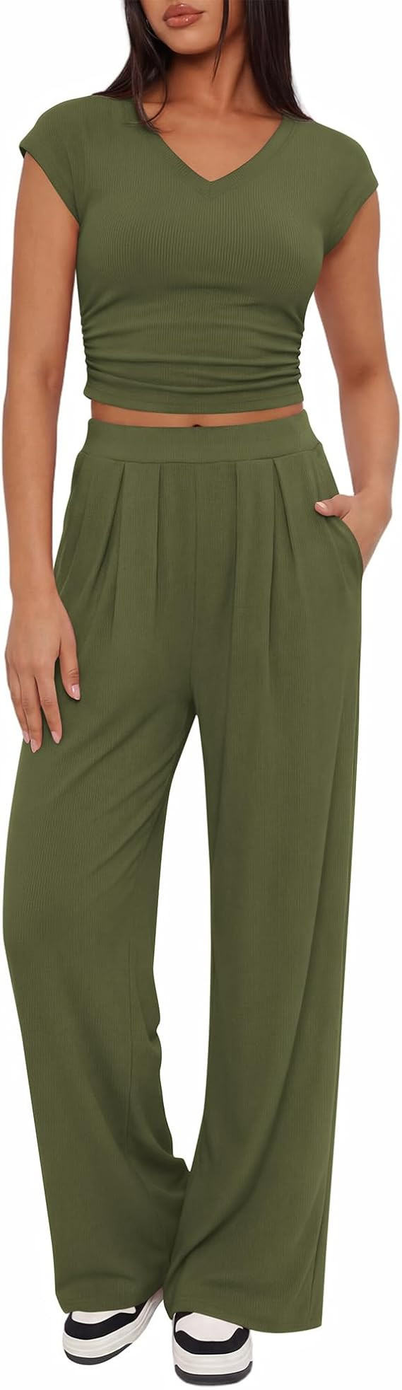 BTFBM Womens 2 Piece Outfits Spring 2026 V Neck Cap Sleeve Ruched Top Wide Leg Pants Sets Rib Kni... | Amazon (US)