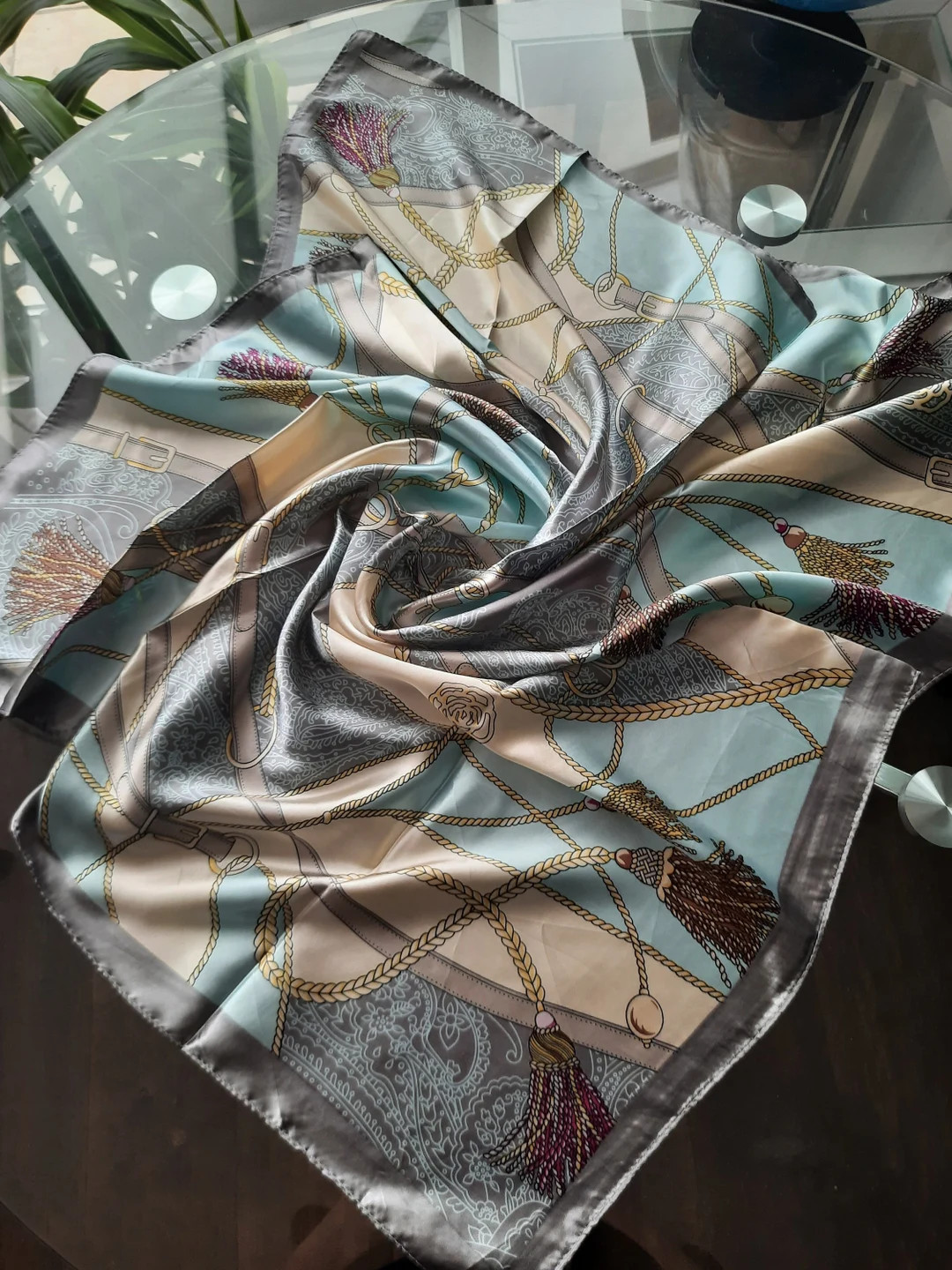 SALE Colourful Tassel Geometric Teal Grey Cream Elegant Silk Scarf Satin Headwrap - Etsy UK | Etsy (UK)