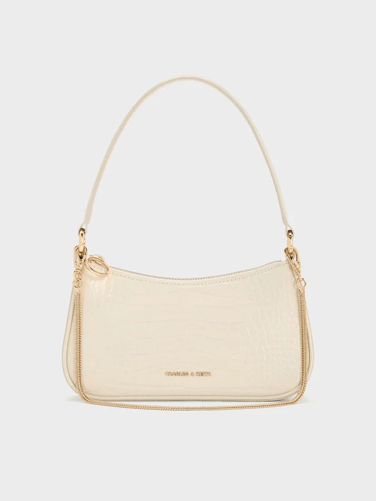 Elspeth Croc-Effect Chain-Link Shoulder Bag - Cream Croco | Charles & Keith AU