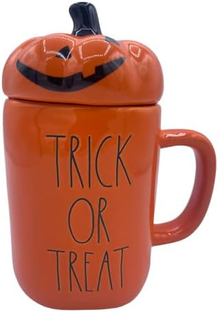 Rae Dunn TRICK OR TREAT Mug with PUMPKIN Topper - Halloween Coffee cup - ORANGE - Ceramic - 16 oz | Amazon (US)